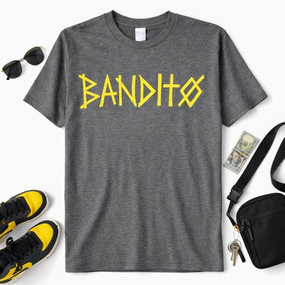 Port & Co Men's BANDITO Gray S/S Tee Shirt Yellow Lettering Size Medium